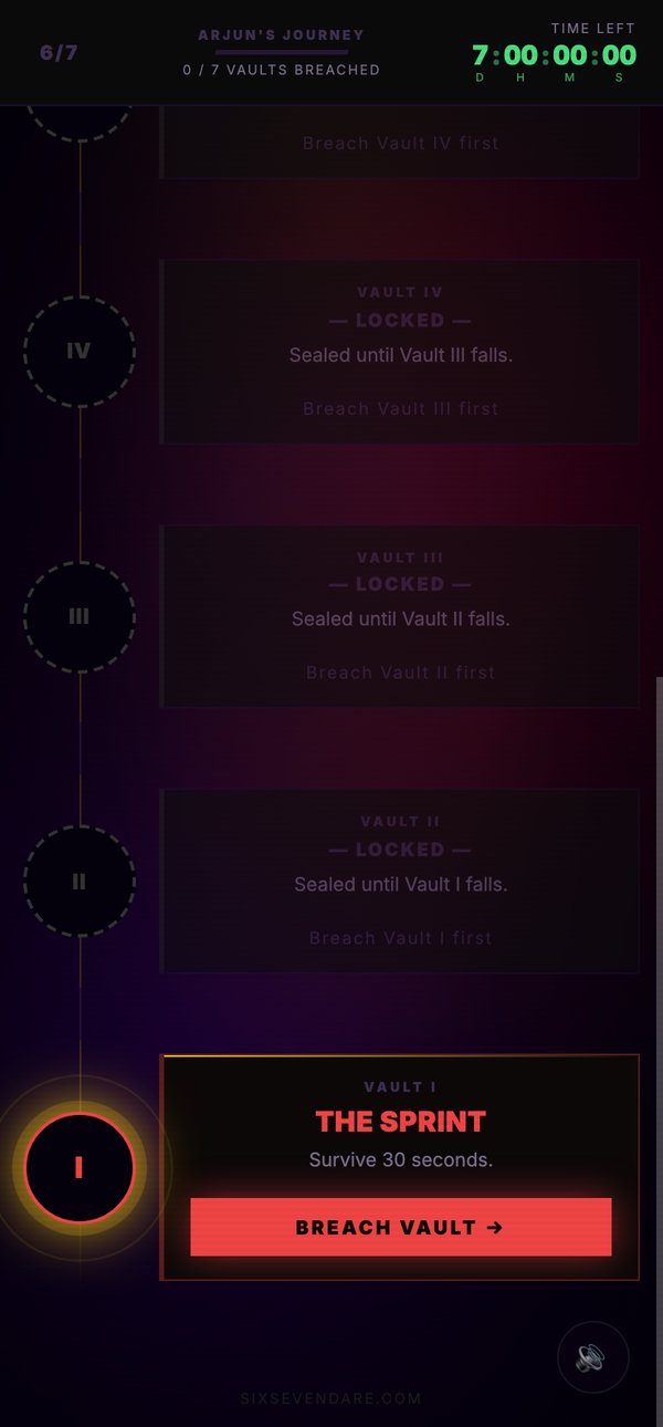 SixSeven Dare level selection map — 7 sealed vaults to breach with a 7 day countdown timer