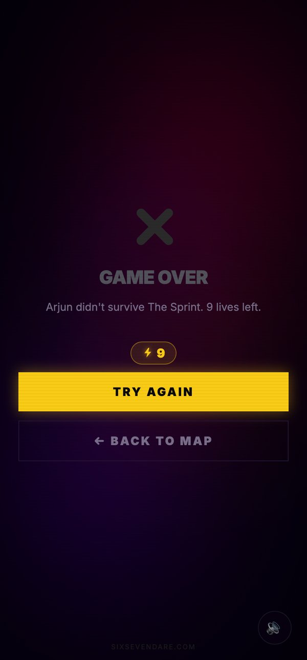 SixSeven Dare lose screen — you didn't make it, try again or use a life